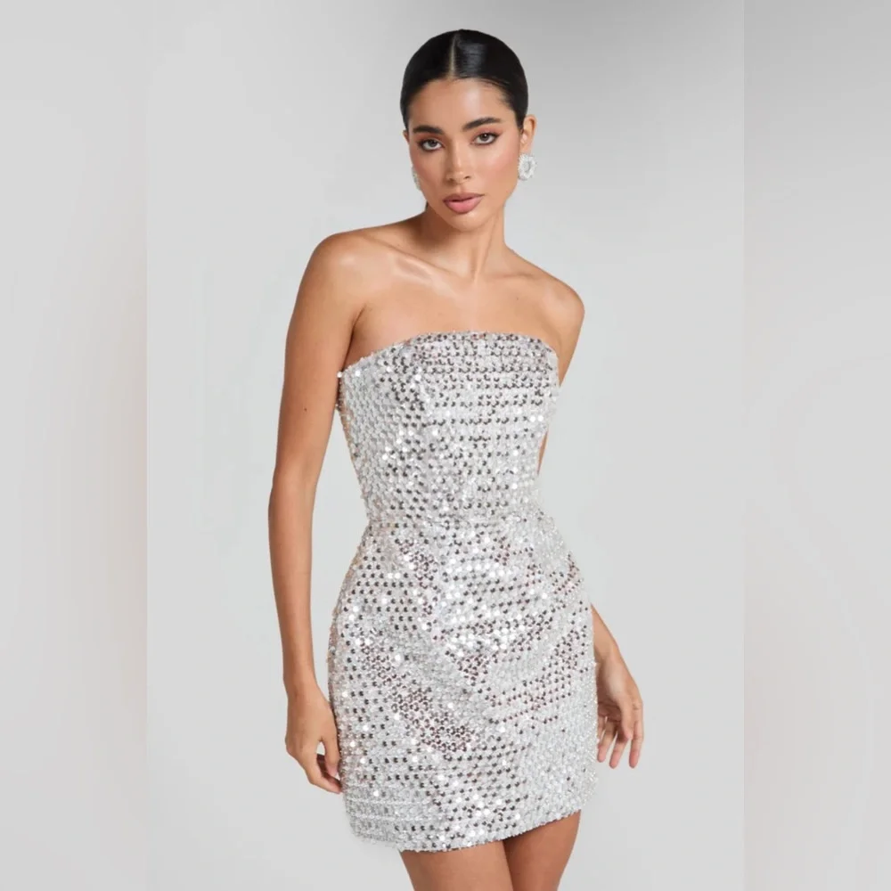 NEW WITH TAG NADINE MERABI LUCIA SHORT 
SILVER DRESS SIZE M - Picture 11 of 15